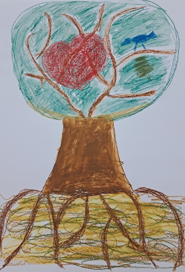 Abstrakt gemalter Baum mit grossen Wurzeln