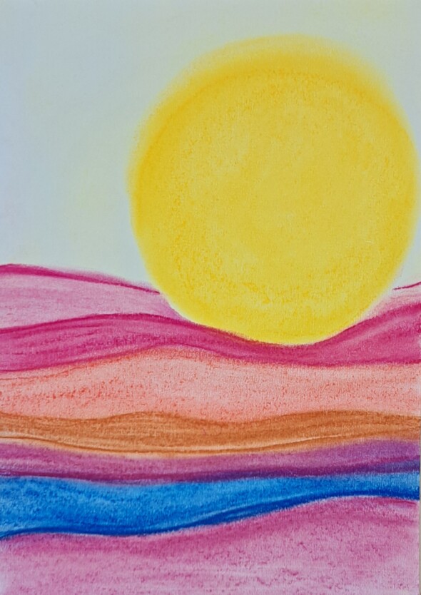 Abstrakte Wellen mit grosser Sonne in Pastell